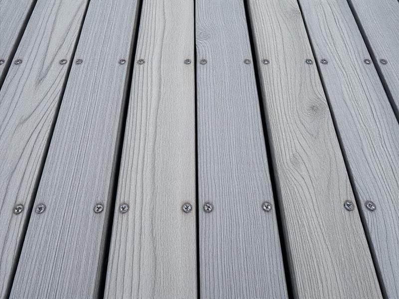 Close-up of gray wood-grain composite deck boards with hidden fasteners