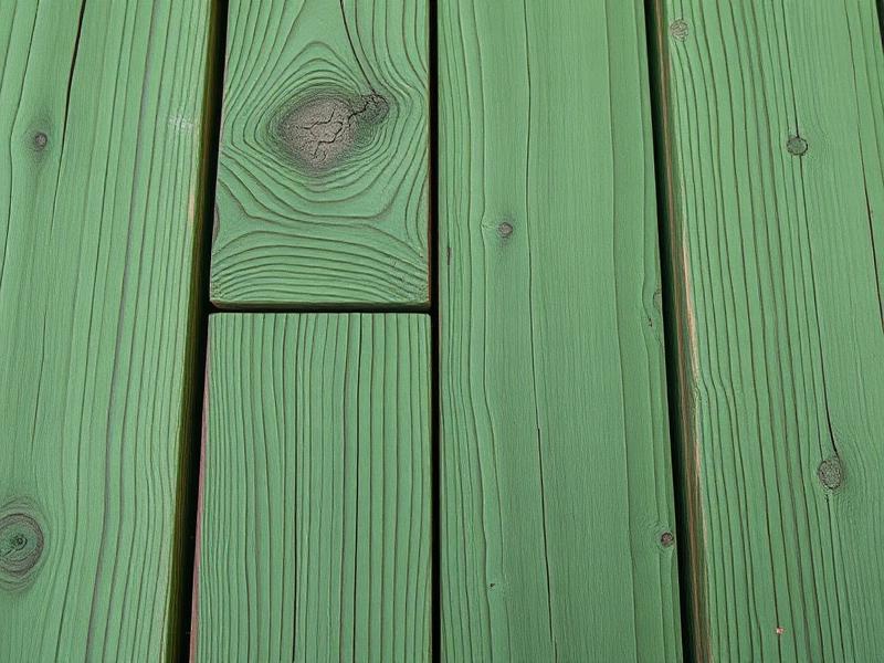 Close-up of green-tinted pressure-treated pine deck boards with knots