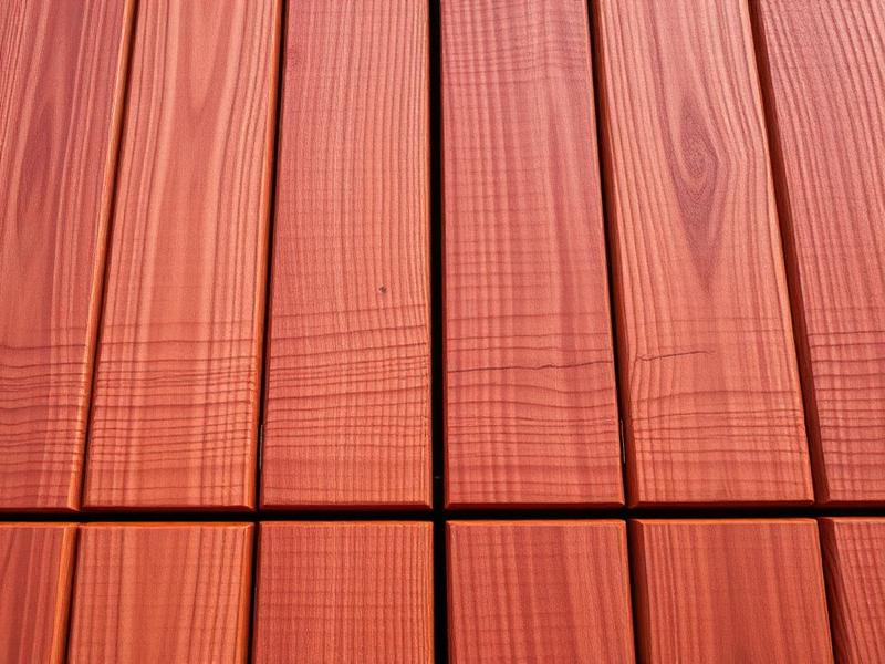 Close-up of rich reddish-brown sealed redwood deck boards